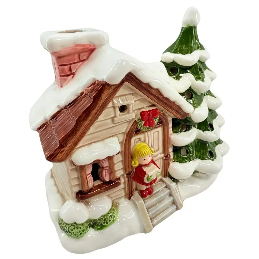 Christmas Cottage Lund's Lites Music Box‎ Lighted Tree Girl Figurine Ceramic EUC